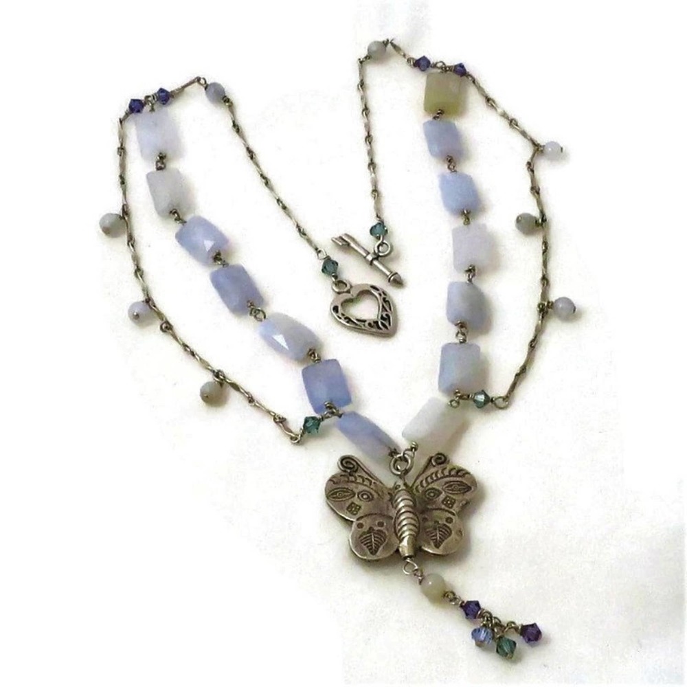 Sterling Butterfly Necklace Regencycore Blue Agate Mariposa Fantasy - Picture 2 of 8